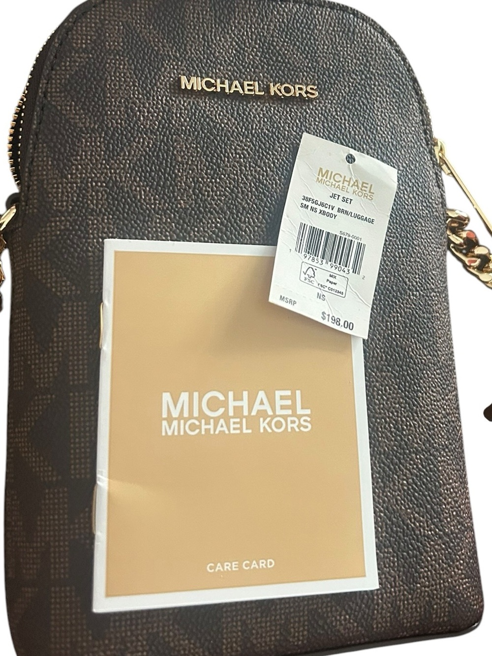 NWT Michael Kors Dark Brown MK Logo Chain Crossbody Gold-tone Hardware